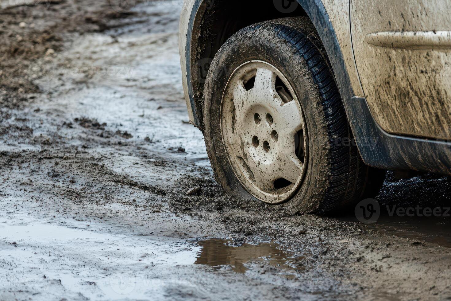 Muddy vehicle stuck in wet terrain near road photo