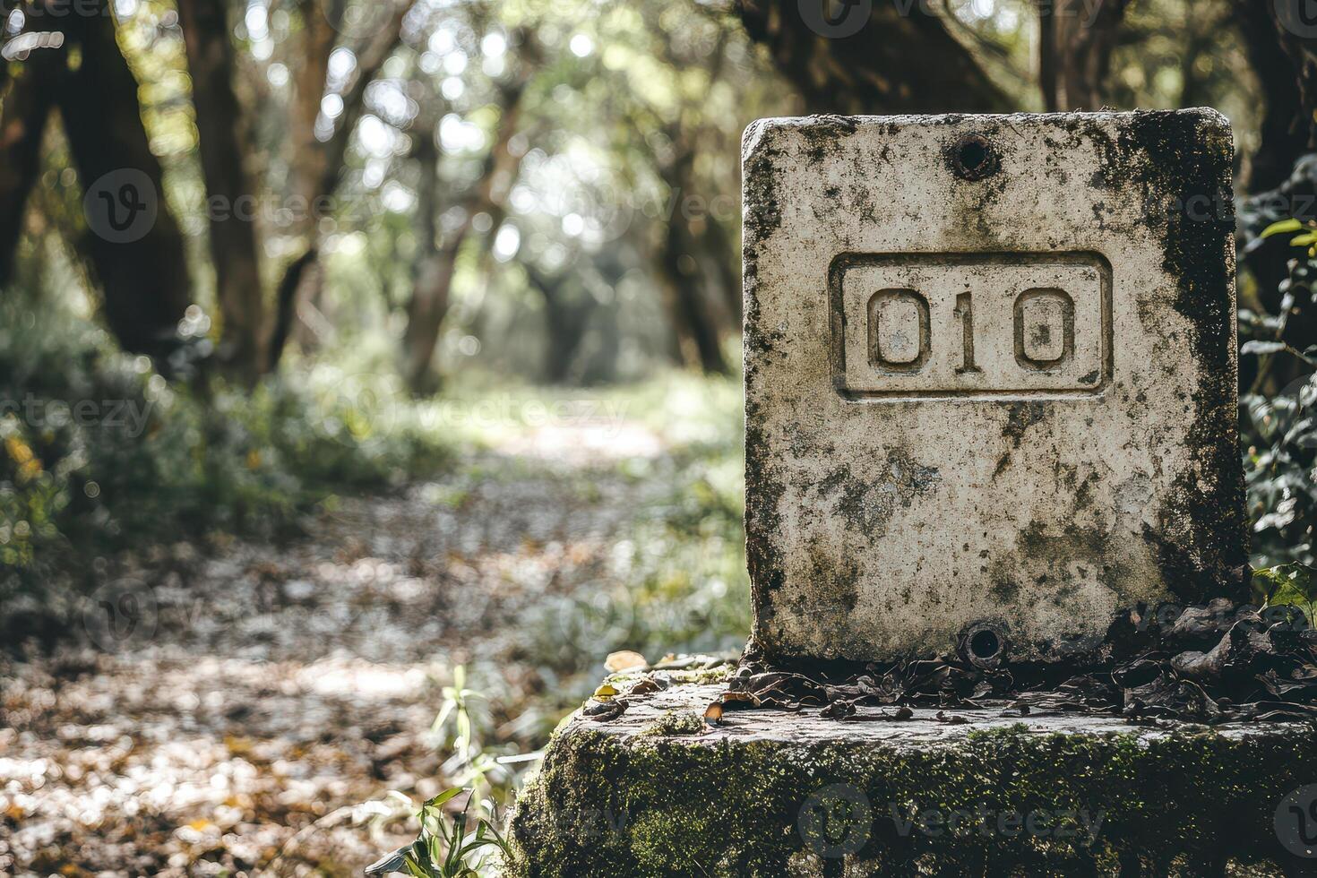 Forest trail marked by a stone photo