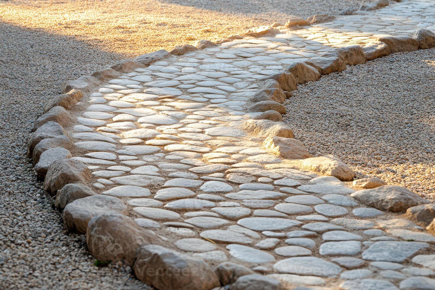 Cobblestone path winding through a peaceful garden photo