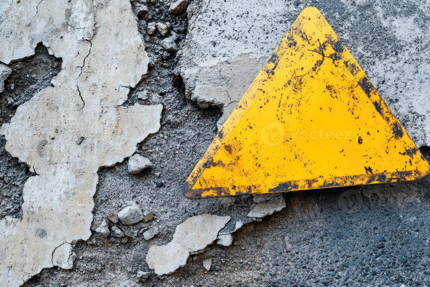 Yellow caution sign on cracked concrete surface photo