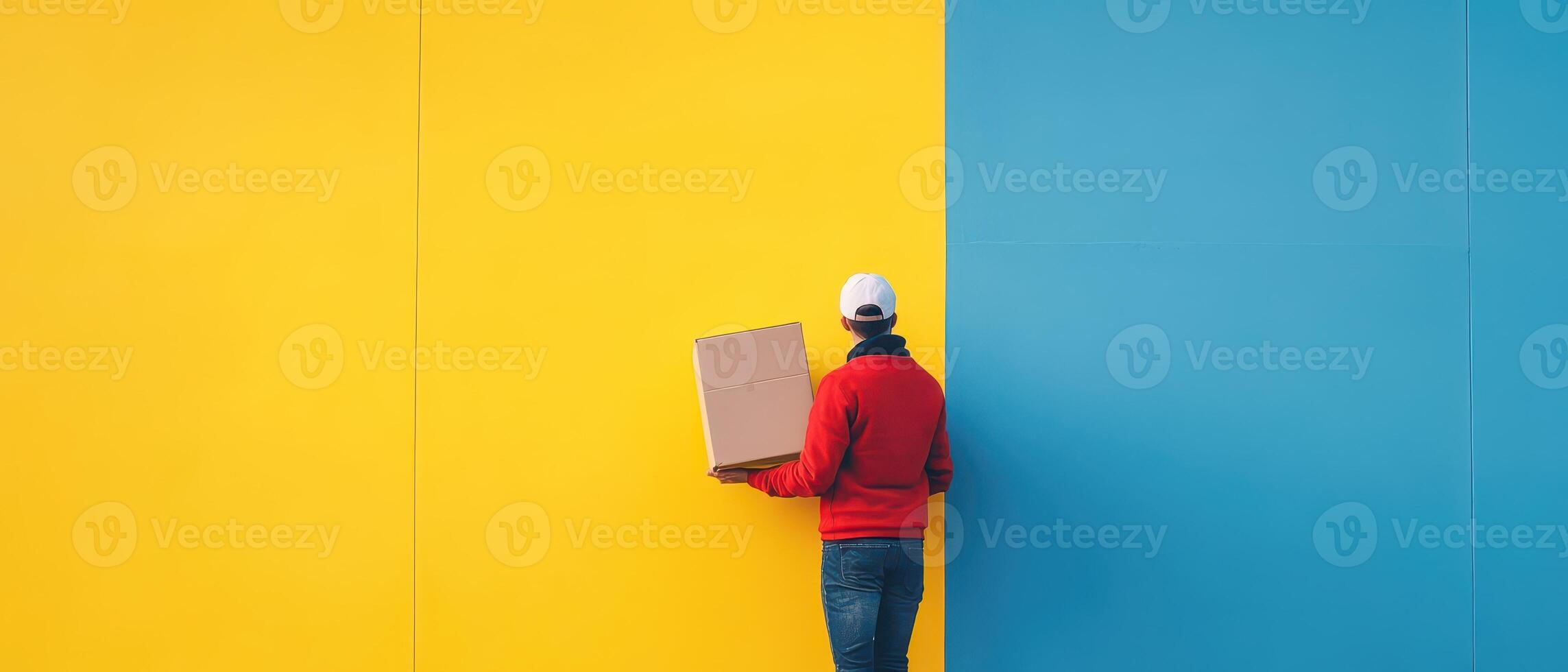 Person holding package in front of colorful wall photo
