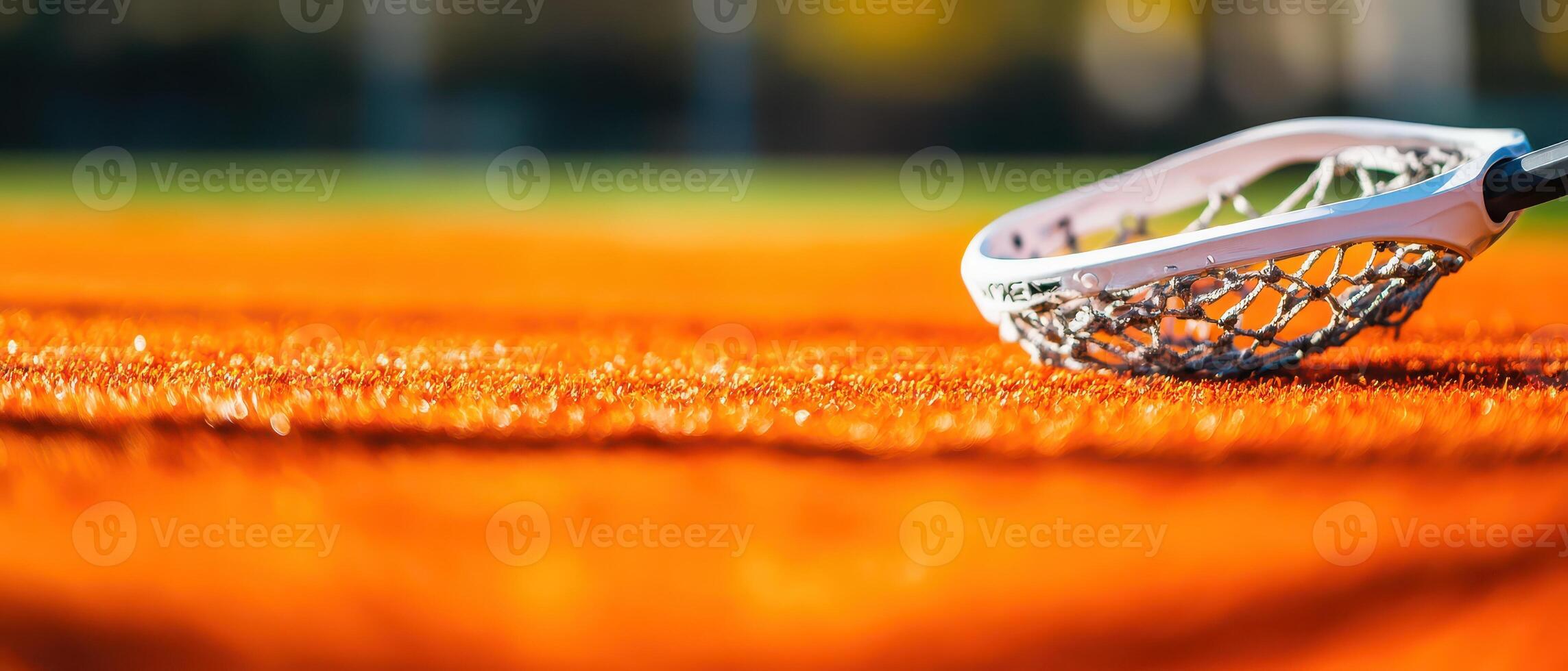 Lacrosse stick resting on bright orange turf field photo