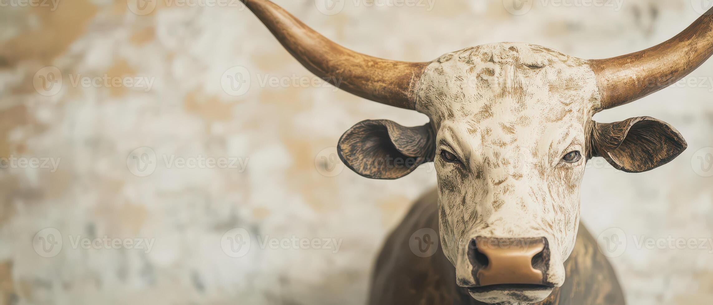 Detailed portrait of a longhorn bull indoors photo