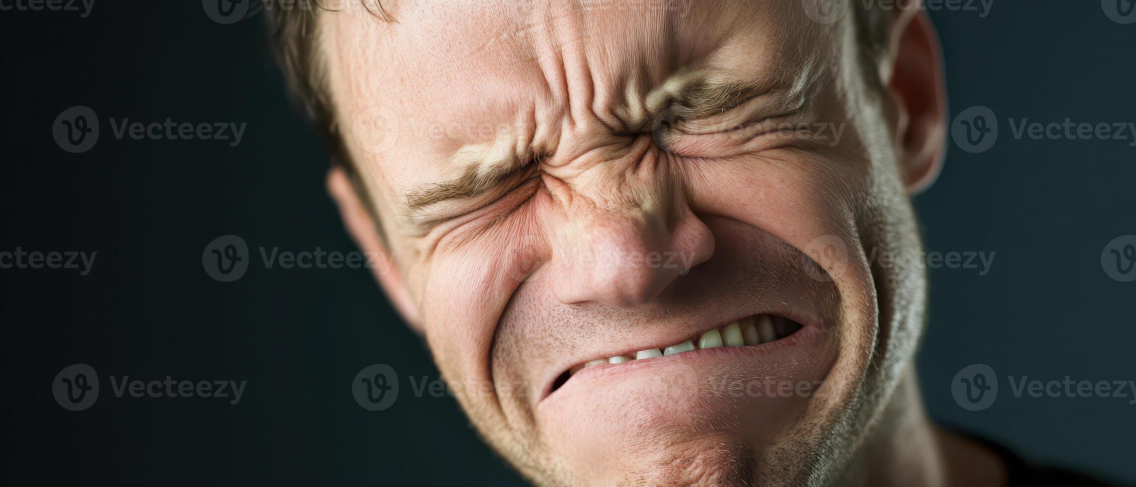 Facial expression showcasing discomfort from pain photo