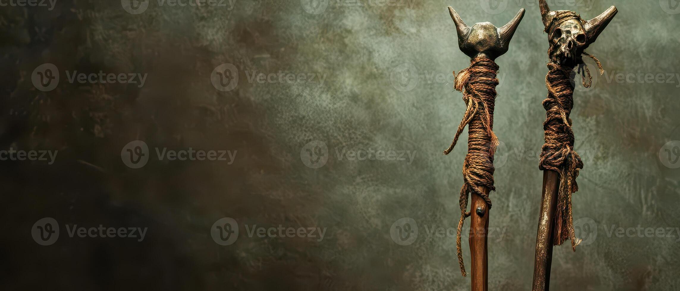 Unique tribal wooden staffs with skull ornaments photo