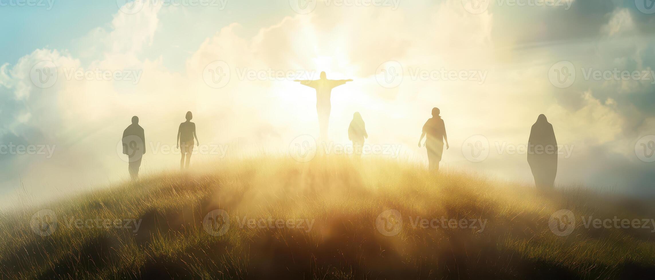 People move toward a figure in mist photo