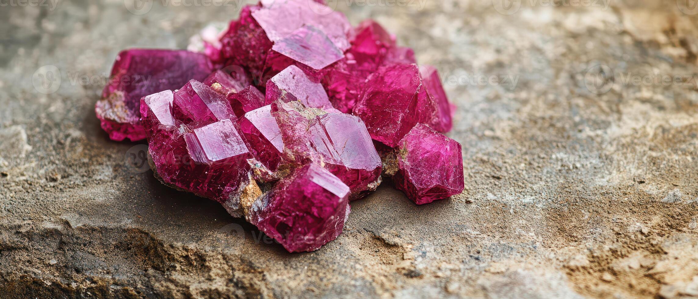 Sparkling pink crystals on rough stone surface photo