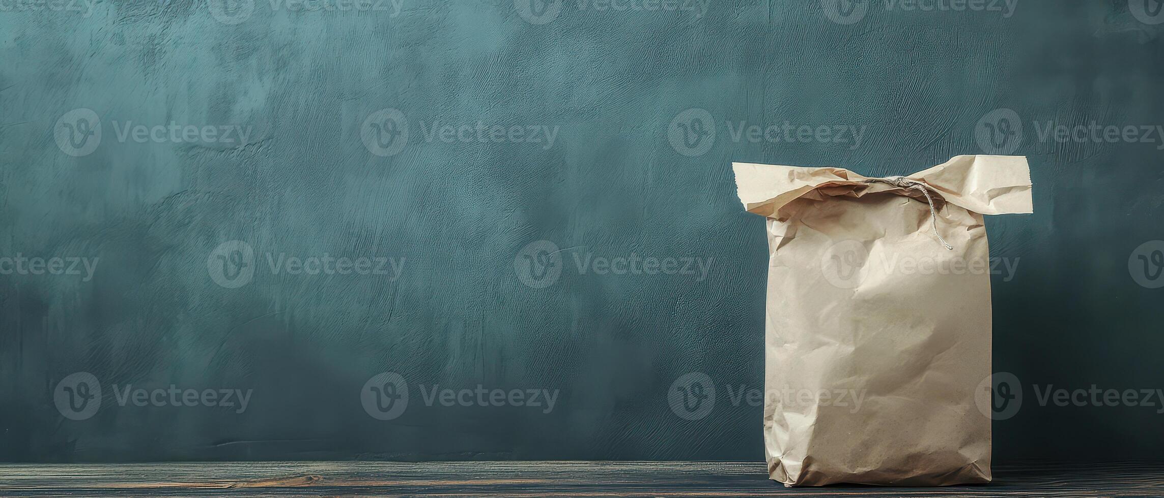 Brown bag on wooden table blue wall photo