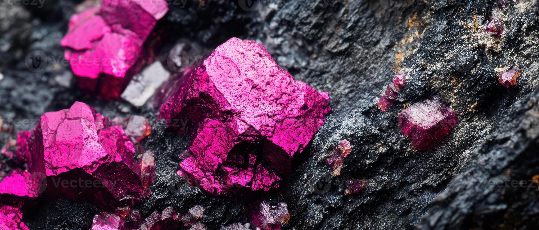 A close up of pink crystals on a rock photo