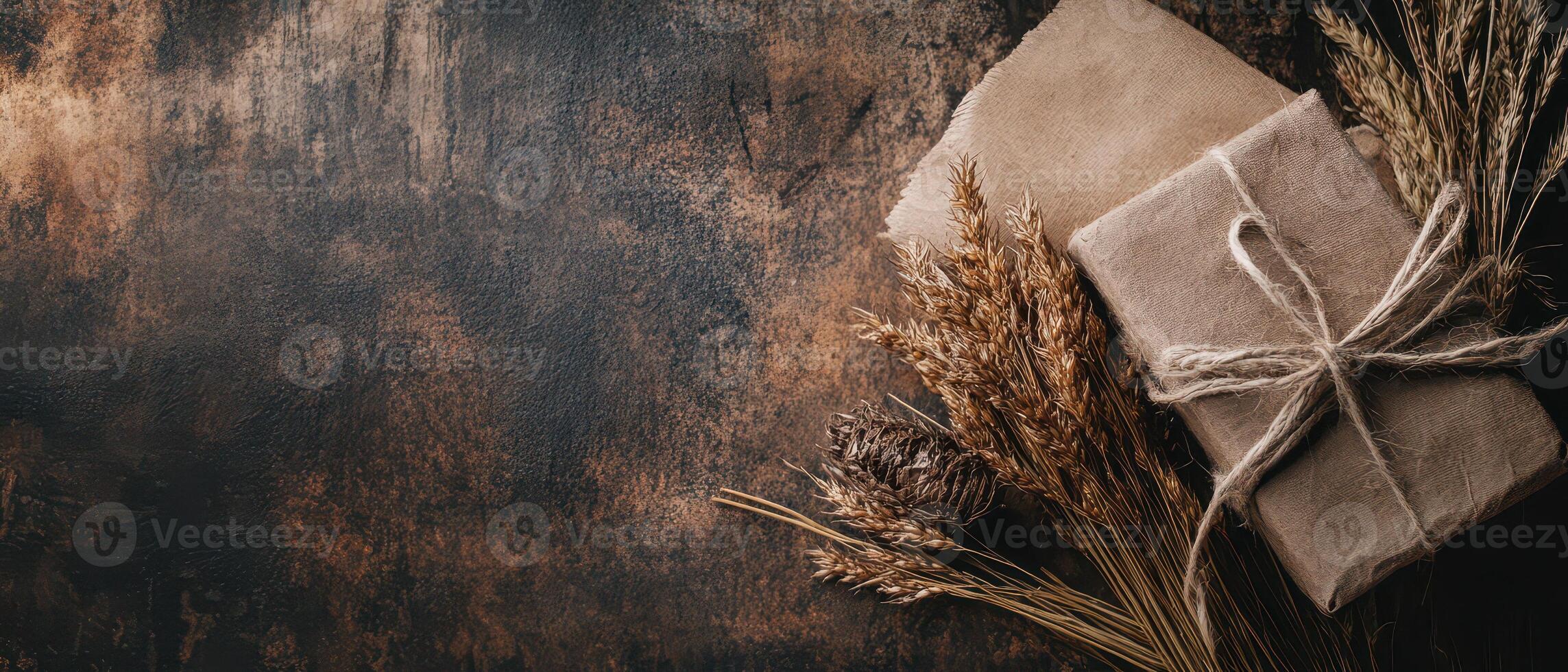 Gift wrapped in brown paper and tied with twine on a wooden background photo