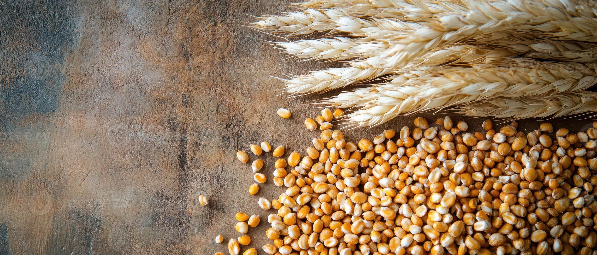 Wheat and barley on a wooden table photo