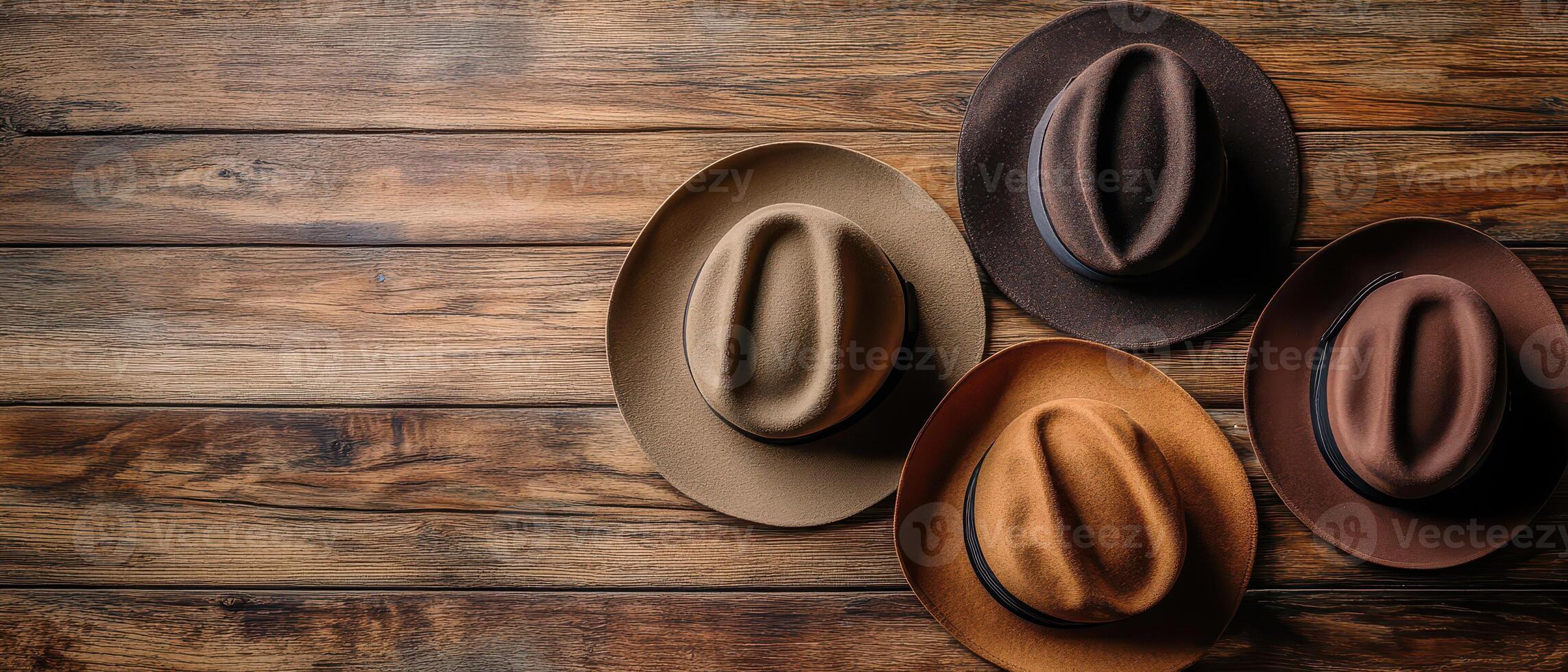 Three hats on a wooden table photo