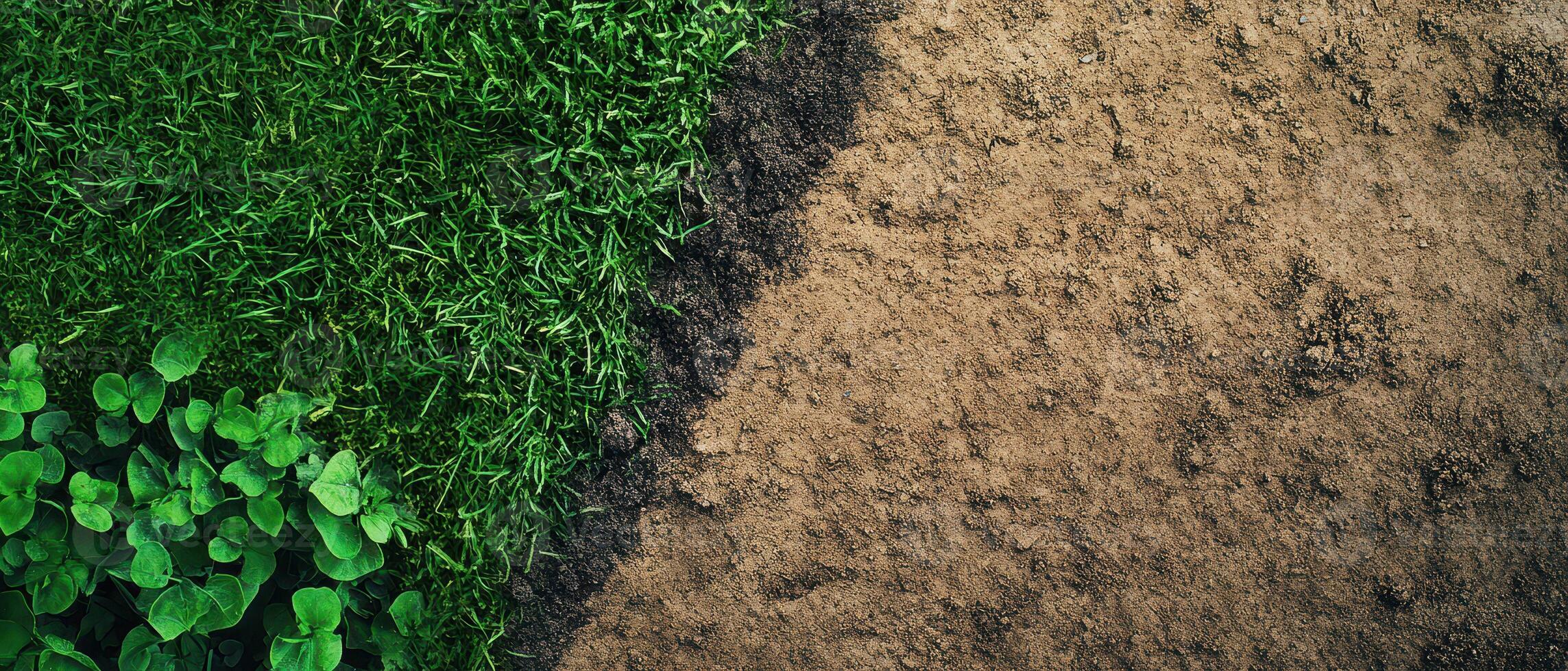 A dirt and grass area with a green plant photo