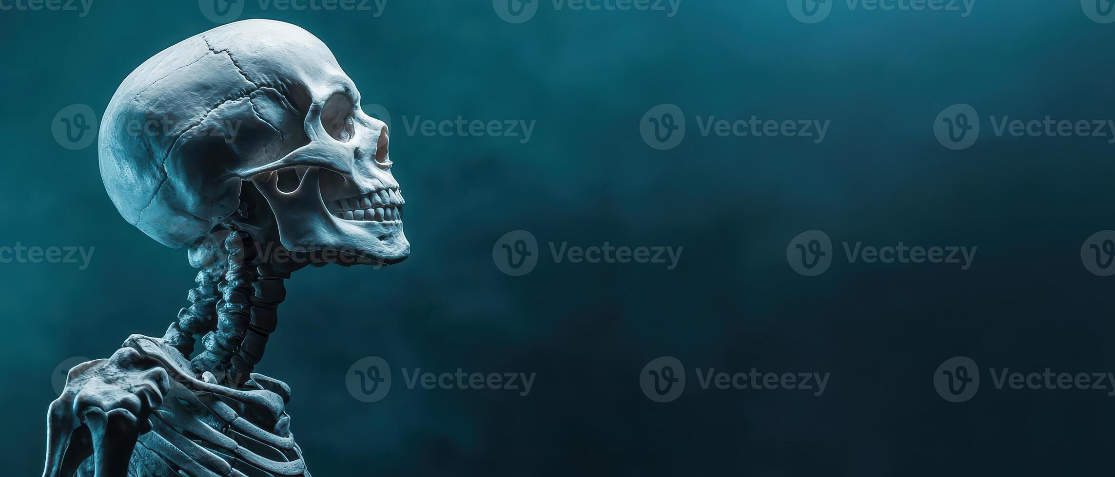 Skeleton model displayed against a blue backdrop photo