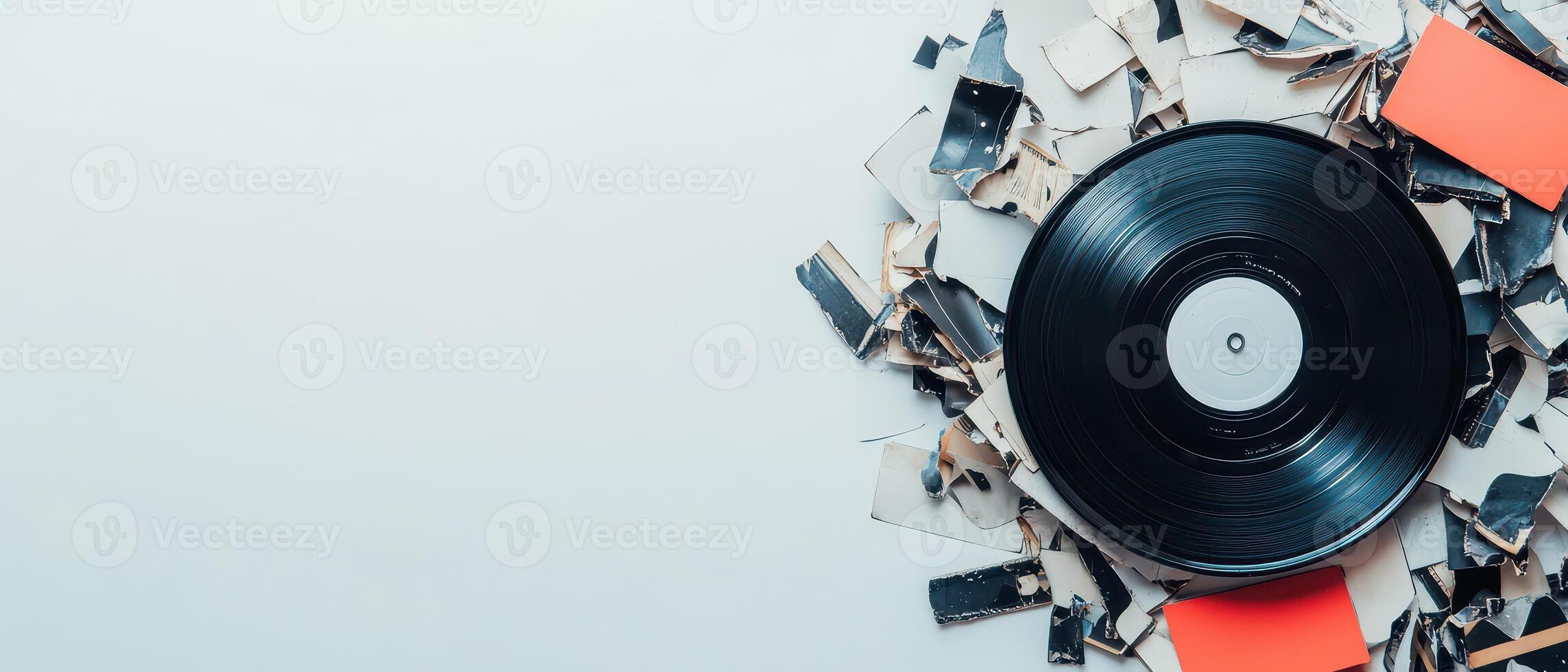 Vintage vinyl record surrounded by broken shards photo