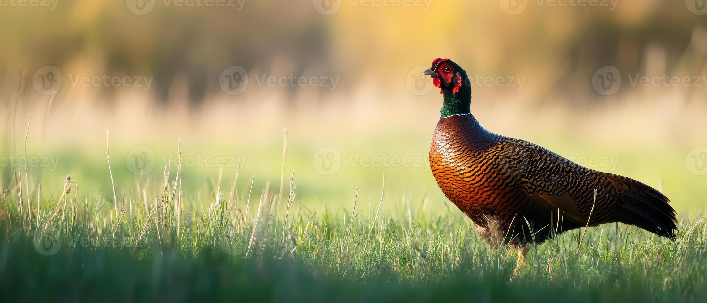 Colorful pheasant in a grassy field at sunrise photo