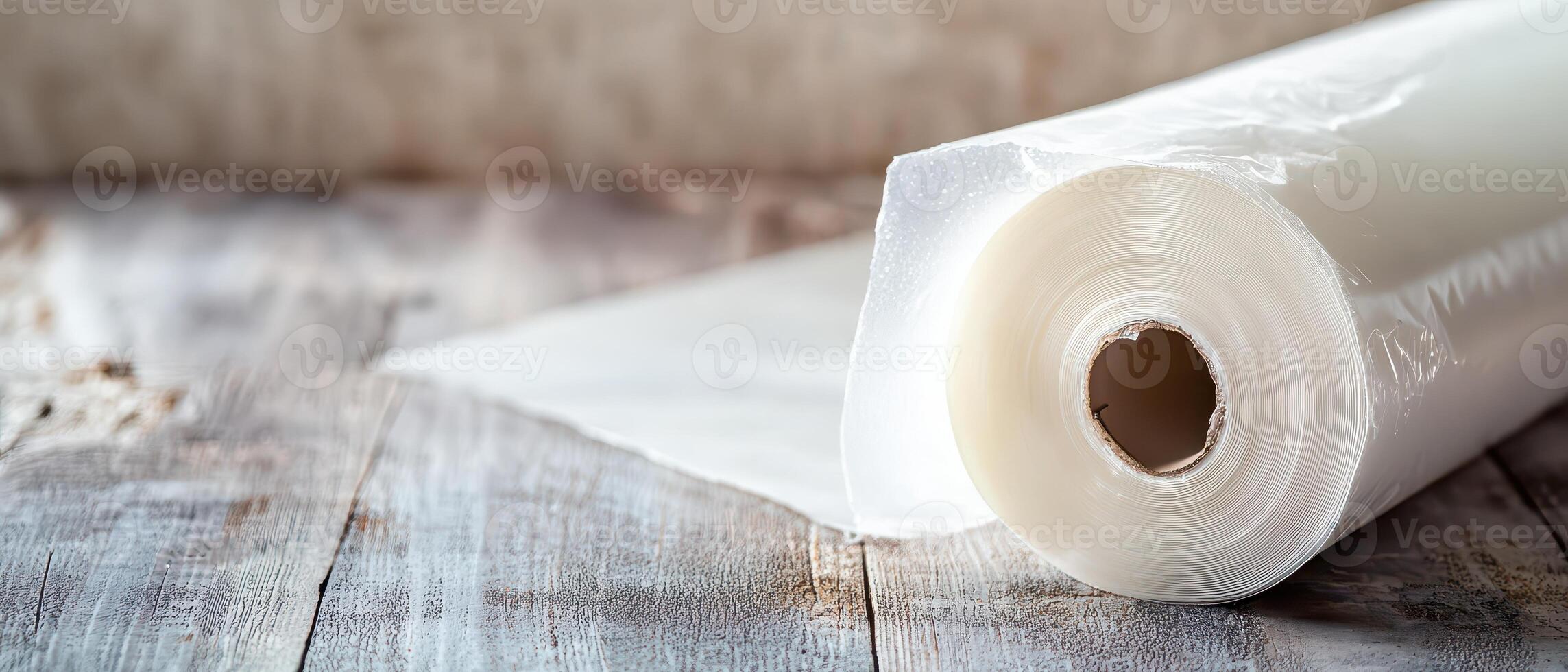 Clear roll of plastic wrap on wooden surface photo