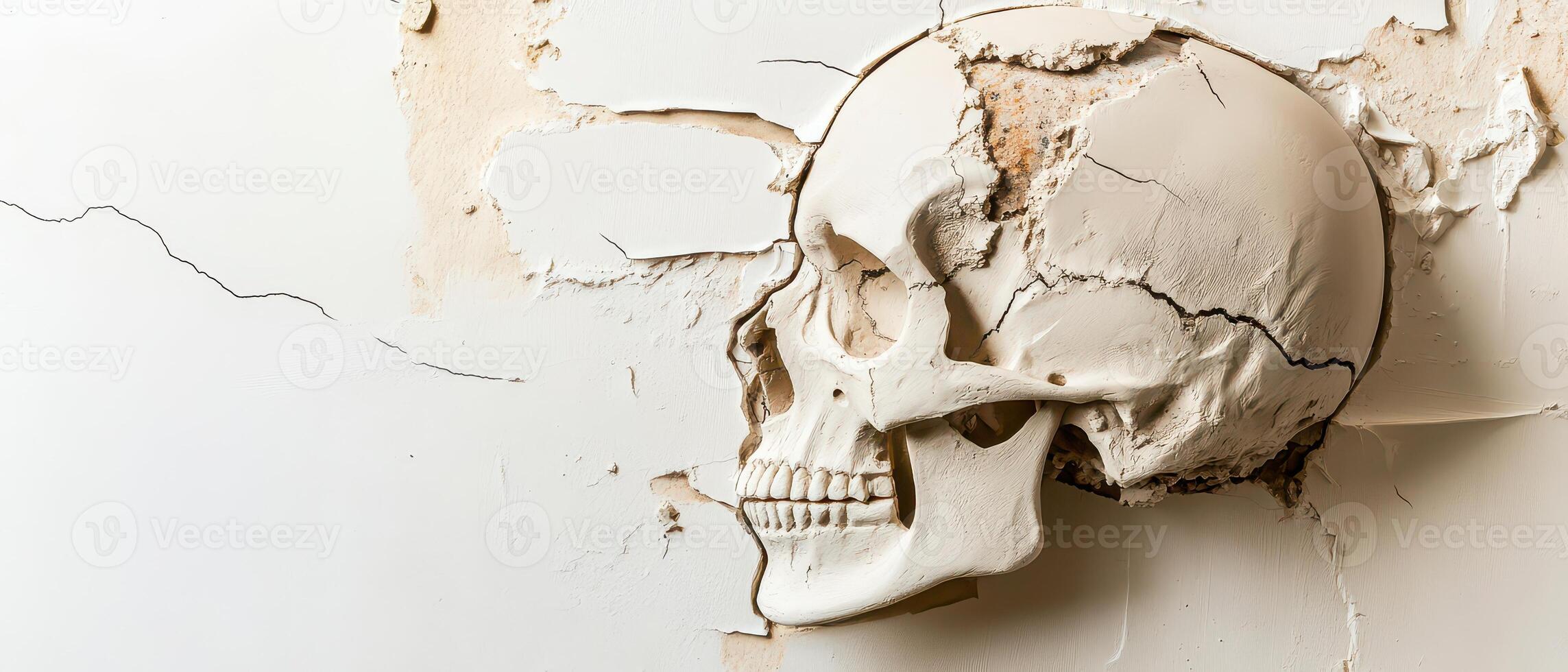 Skull embedded in cracked wall in urban setting photo