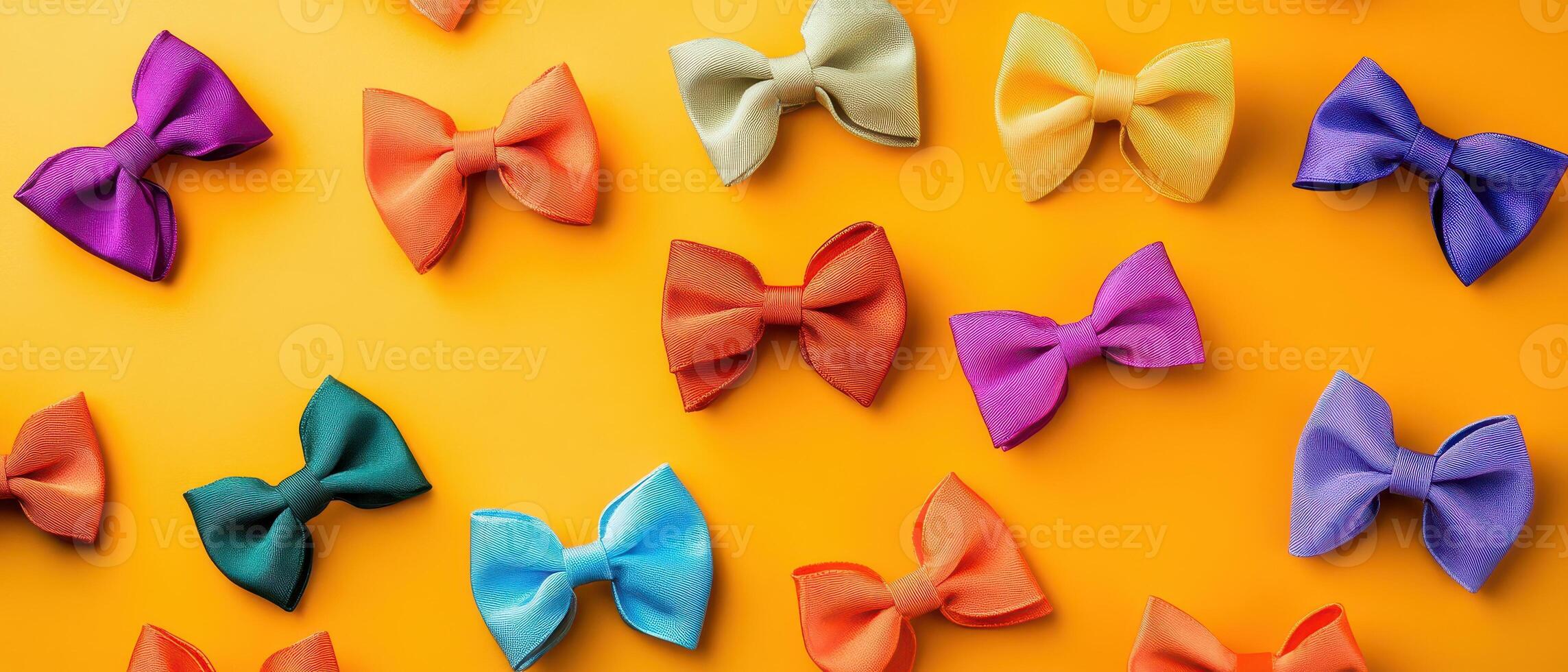 Brightly colored fabric bows arranged on a surface photo
