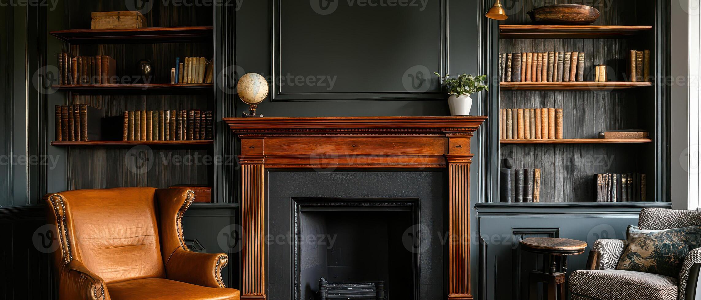 Cozy reading nook with classic decor and bookshelf photo