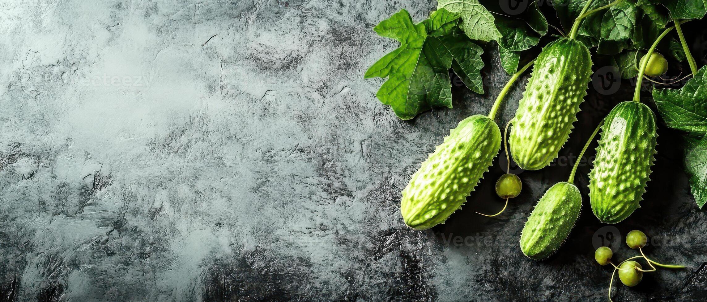 Fresh cucumbers on a textured gray surface photo