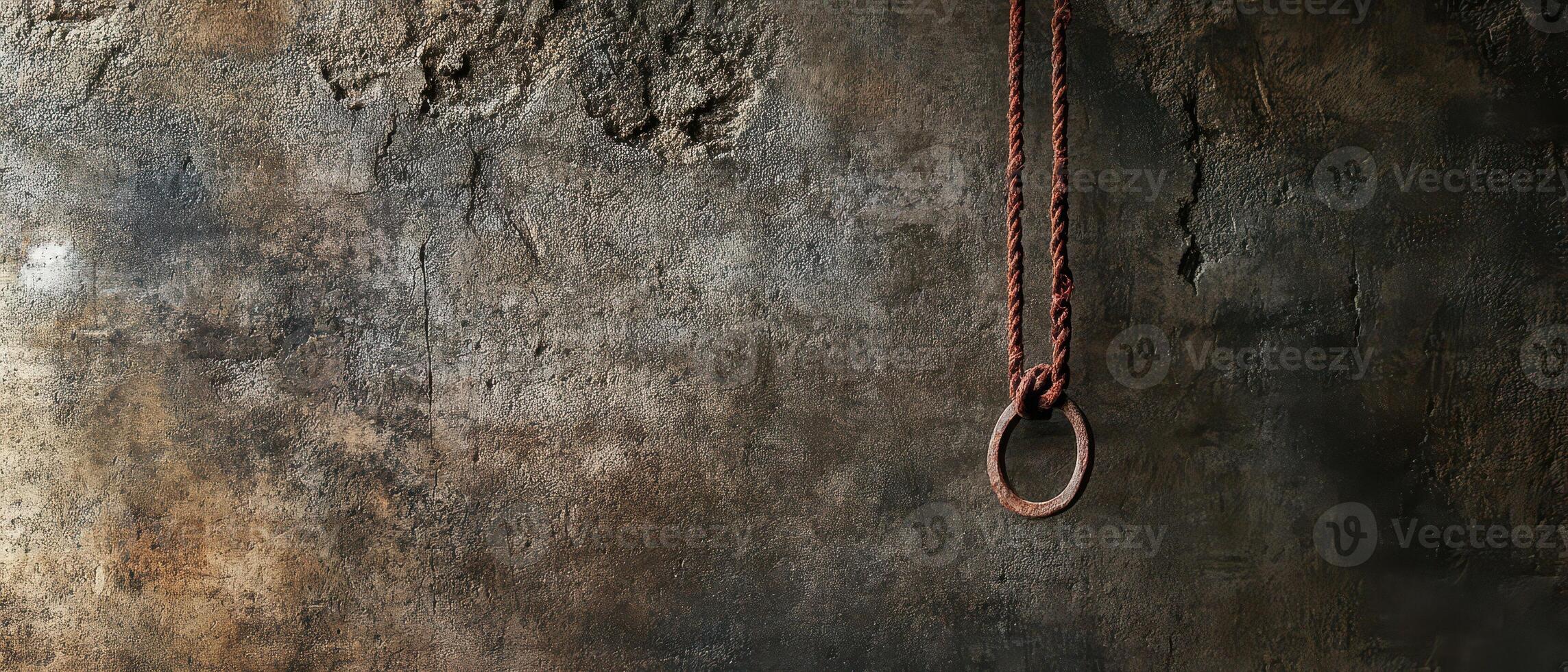 Rusty ring hanging on a textured wall surface photo