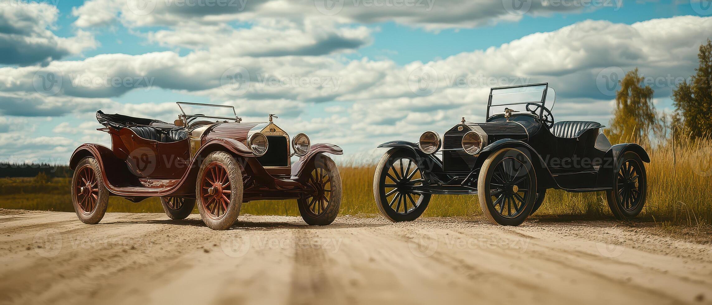 Classic cars on a dirt road under cloudy skies photo