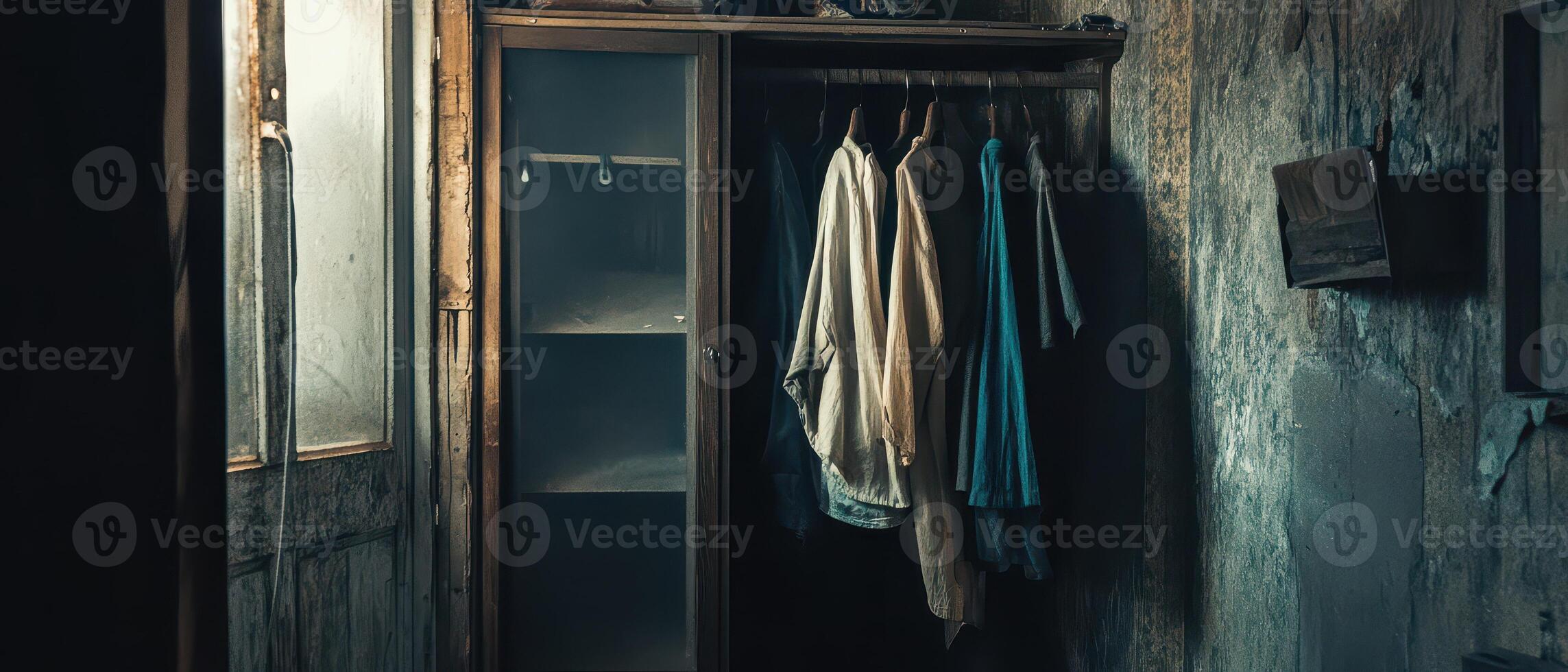 Empty room with vintage coats and worn walls photo