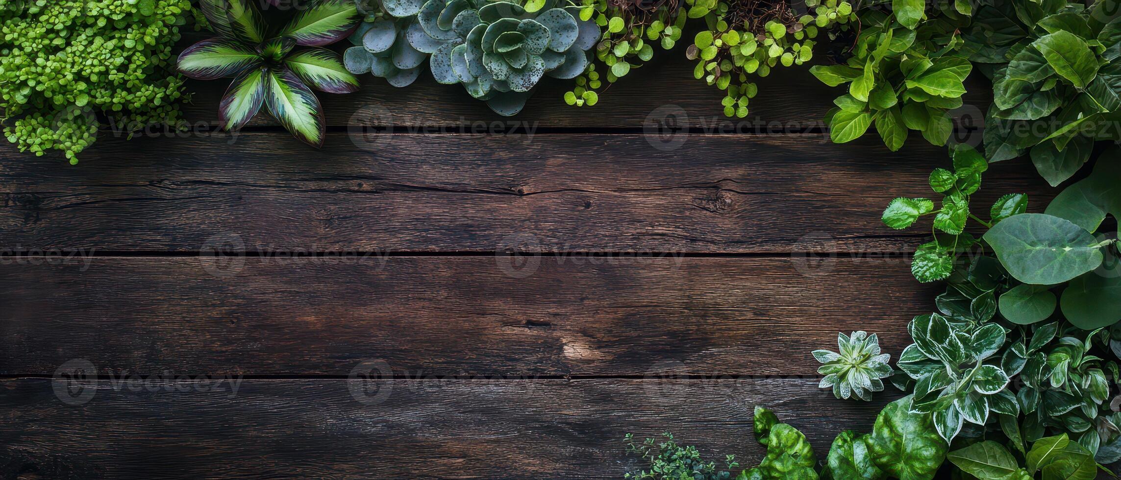 Green plants arranged on rustic wooden surface photo