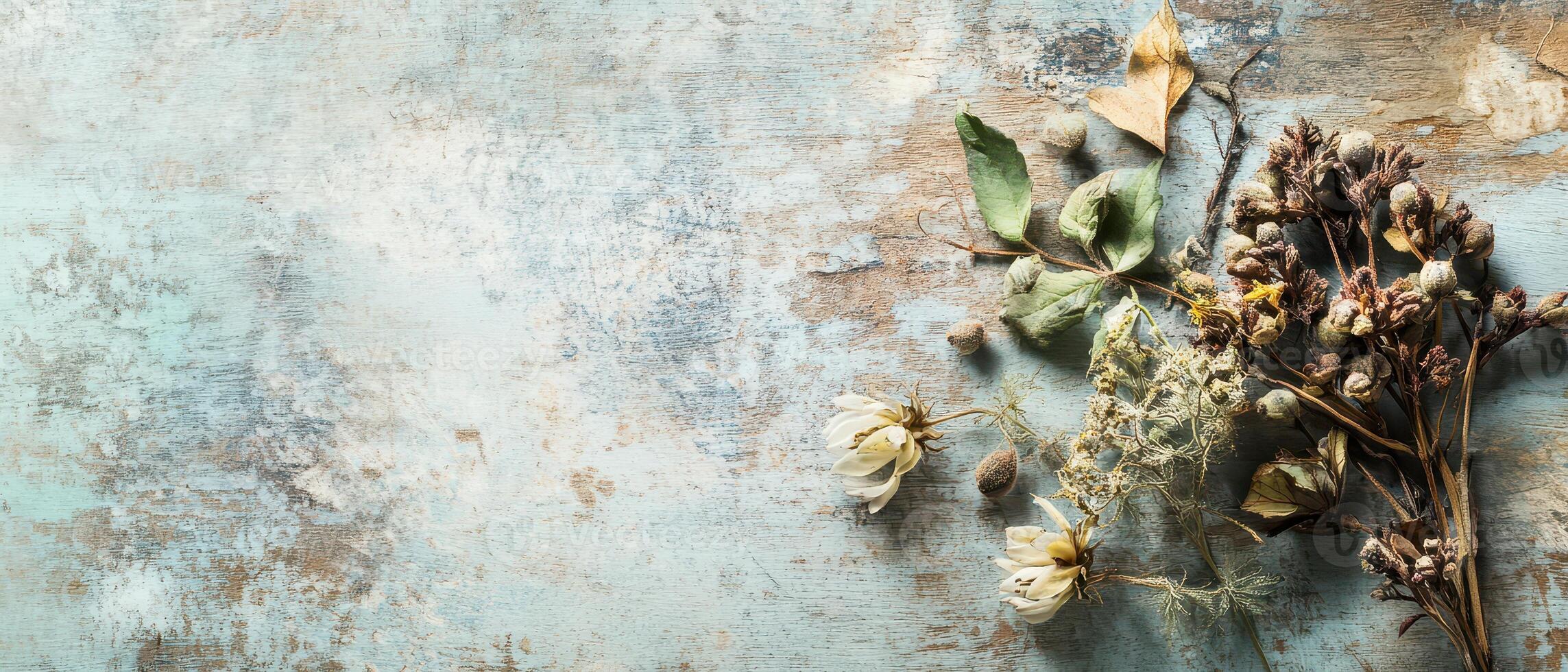 Dried flowers on textured surface in light photo