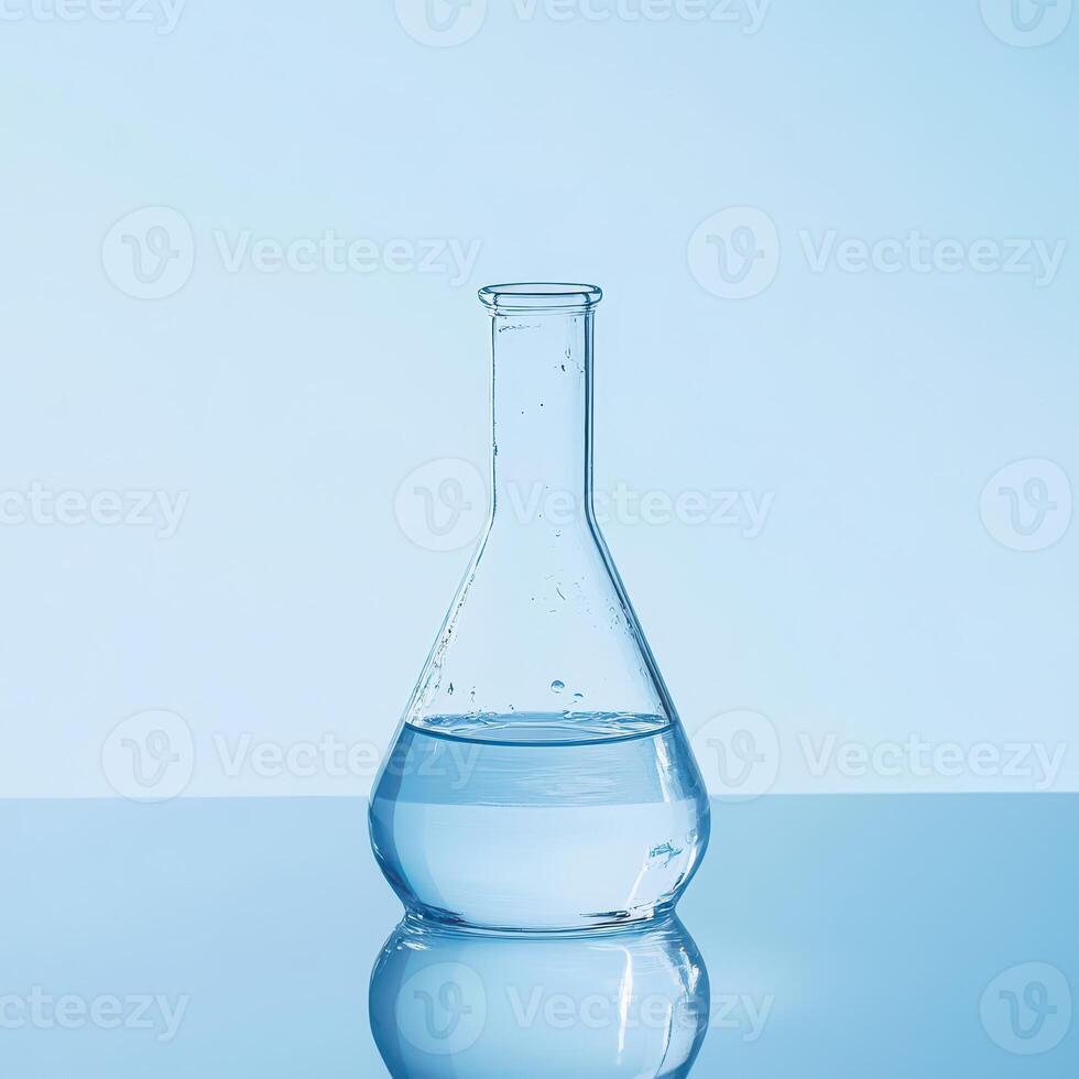 Clear glass flask with water on reflective surface photo