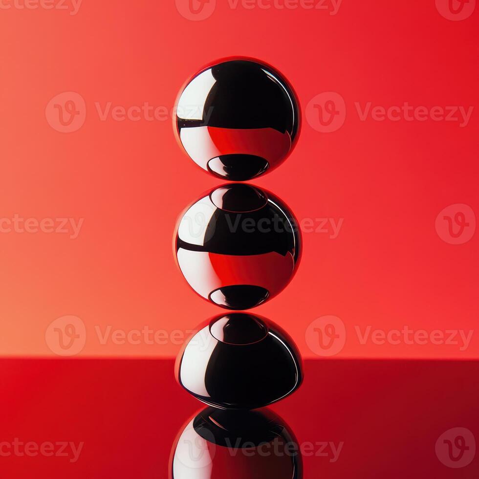 Glossy black spheres on red background photo