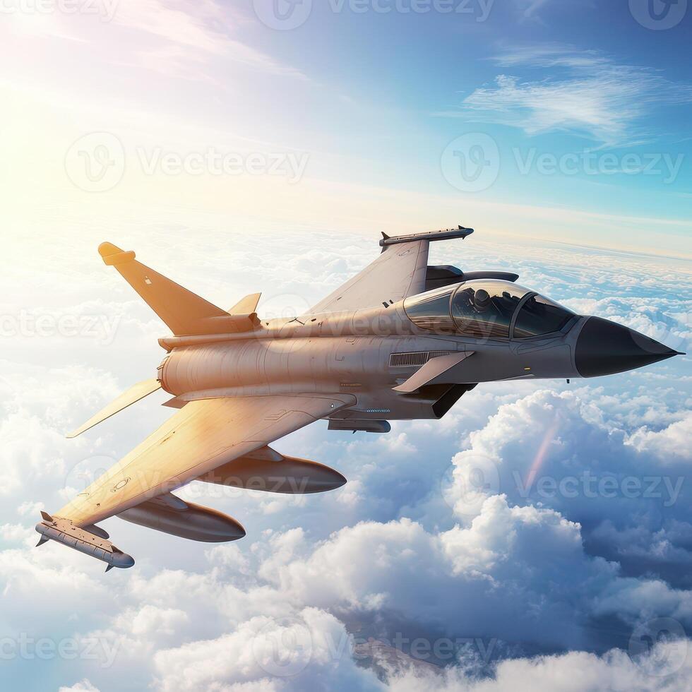 Fighter jet soaring through the clouds at sunset photo