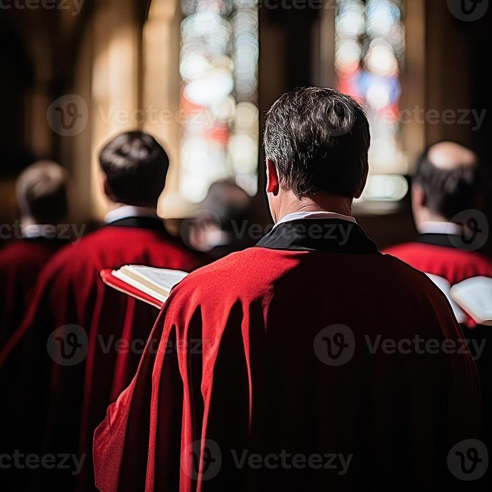 Choir sings with stained glass backdrop photo