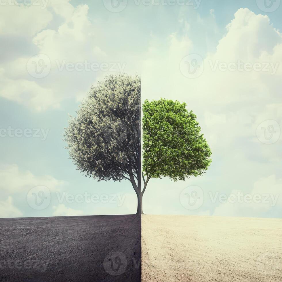 Two trees on a hill with one half green and one half white photo