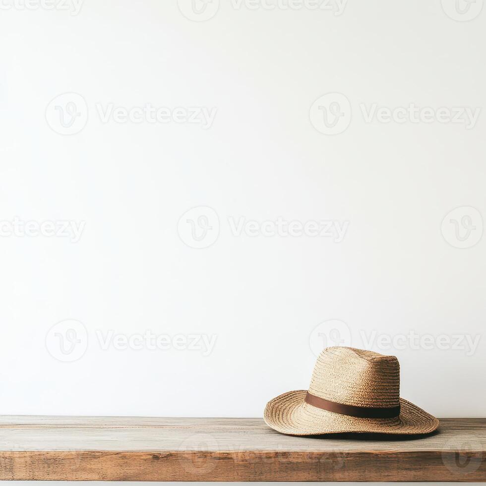 Straw hat resting on a wooden table photo