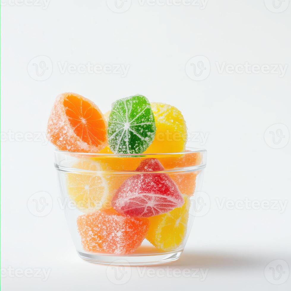 Colorful gummies in a clear glass bowl on display photo