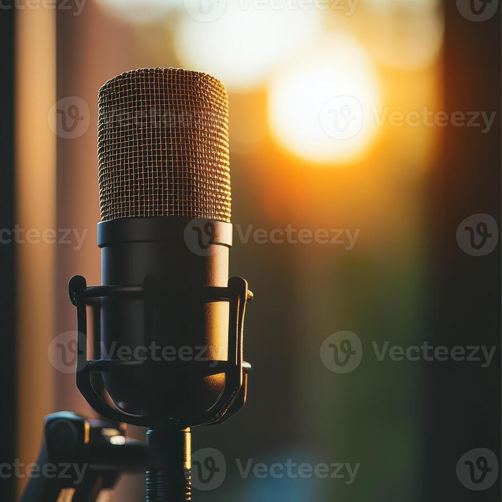 Close up of microphone with sunset background photo