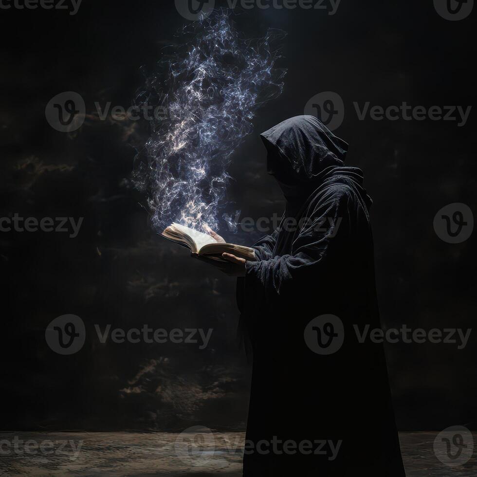 Figured reading ancient text in darkness photo