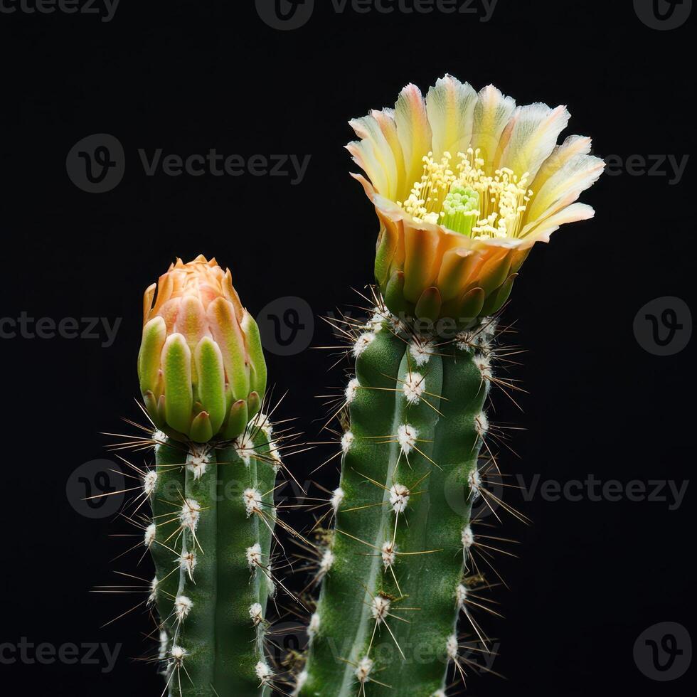 Bright cactus flowers bloom on dark backdrop photo