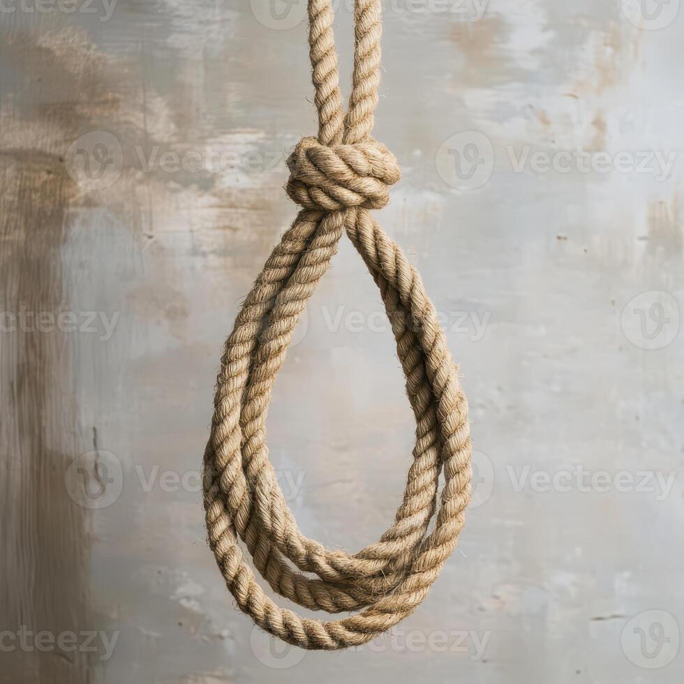 Rope tied in a noose hangs against a textured wall photo
