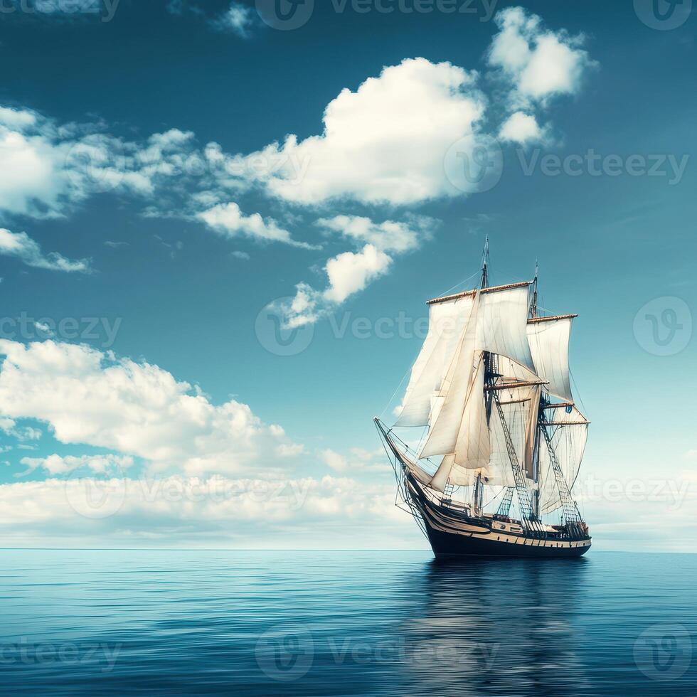 Sailing ship glides on calm waters photo
