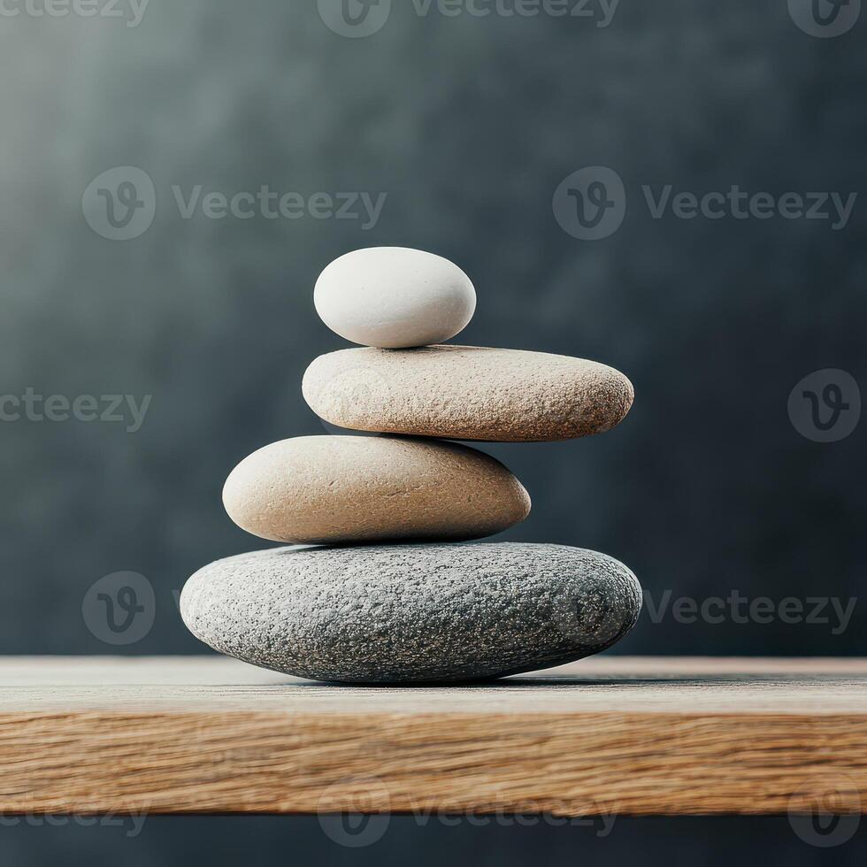 Calming stone stack on wood surface photo