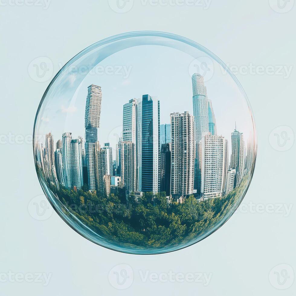 Skyline reflected in a bubble above trees photo