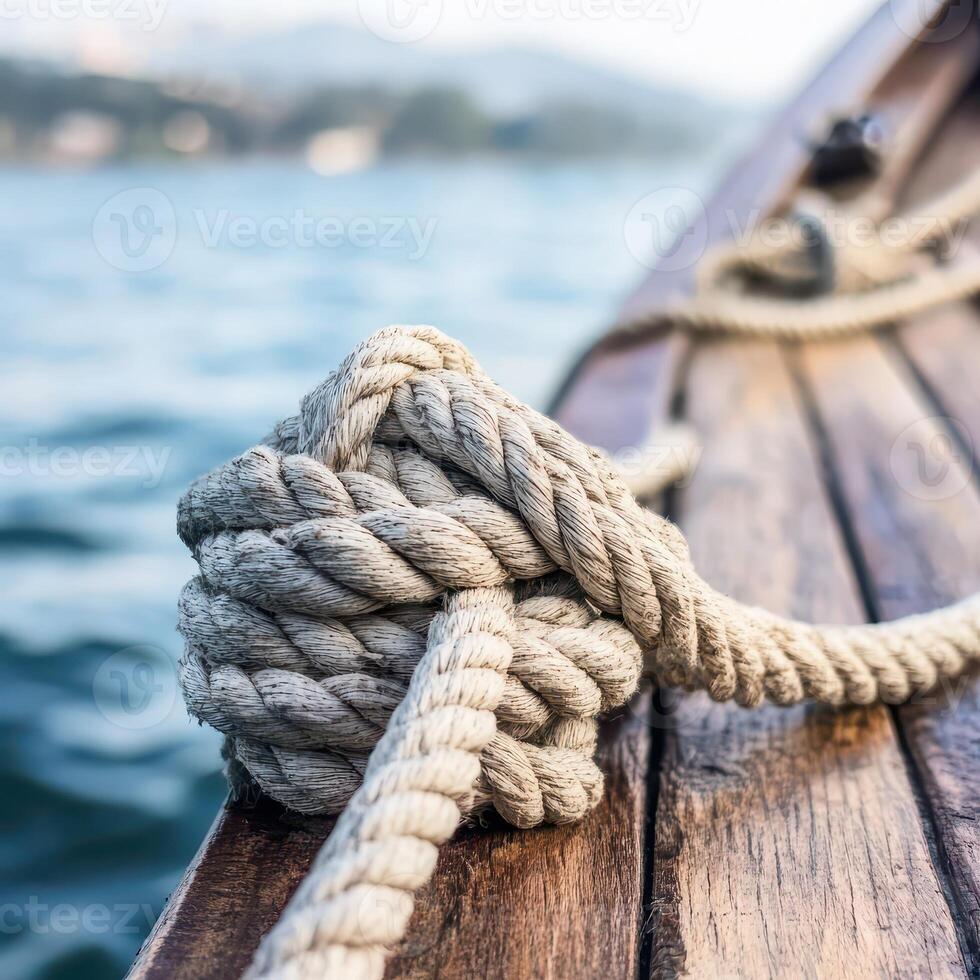 Knot tied securely on a wooden boat at sunset photo