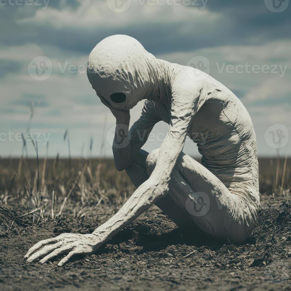 Alien creature sits in desolation under cloudy sky photo
