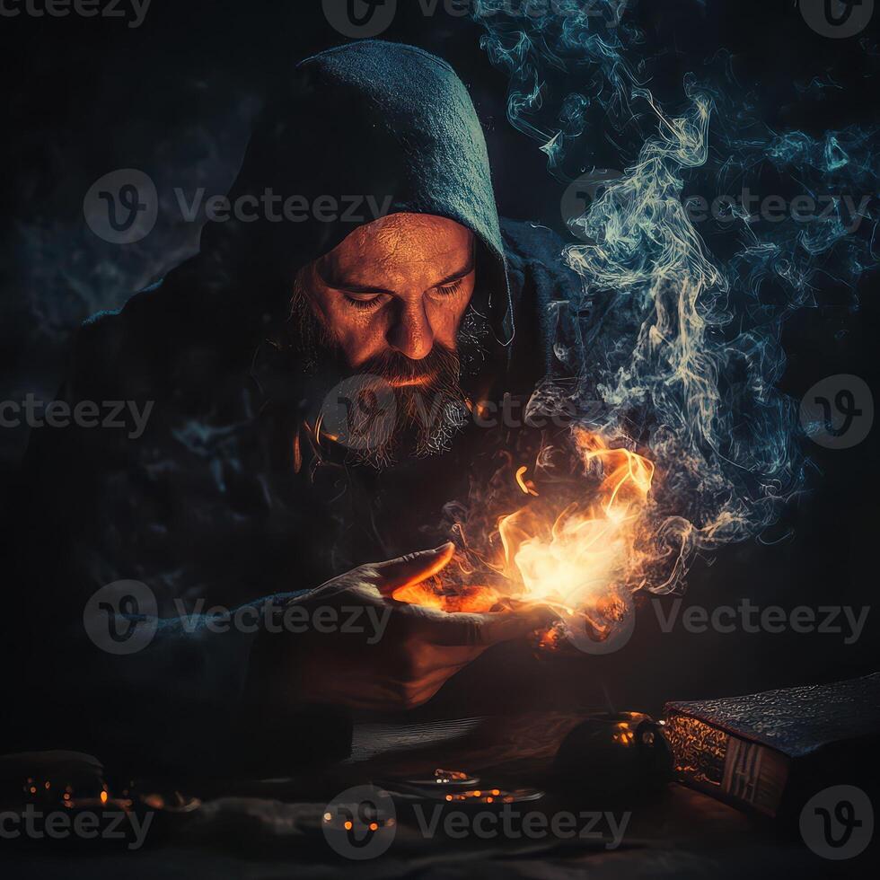 Mystical sage performs magical ritual at dusk photo
