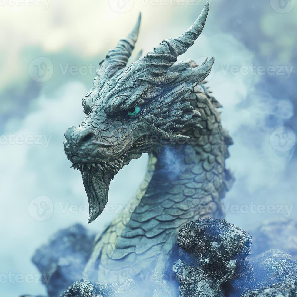 Majestic dragon figure emerging from rocky terrain photo