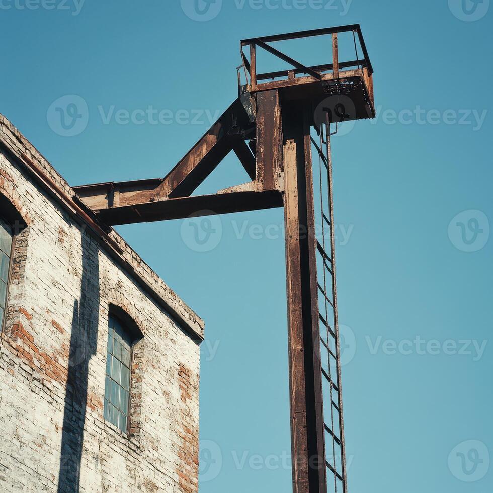 Rusty industrial structure against clear blue sky photo