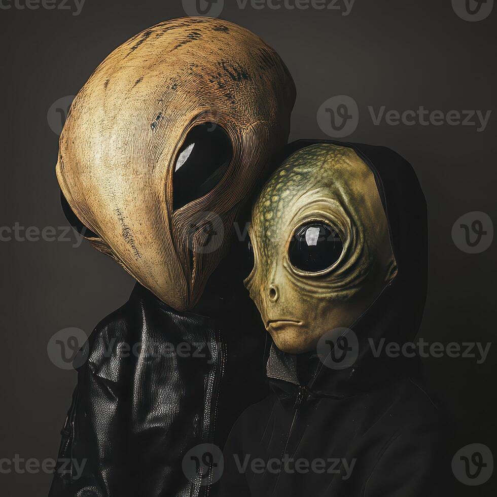 Unique alien masks worn by two children indoors photo